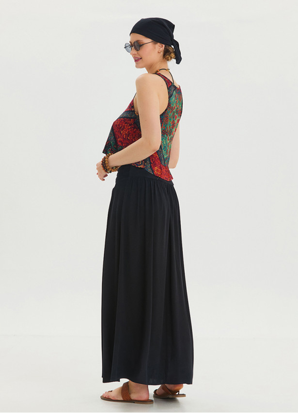 Black Long Skirt with Elastic Waist and Drape Detail 4493